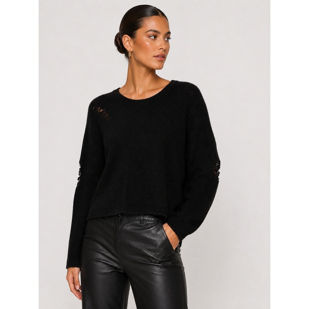 LNA Black Alpaca Wool Blend Distressed Shredded‎ Crew Neck Sweater S